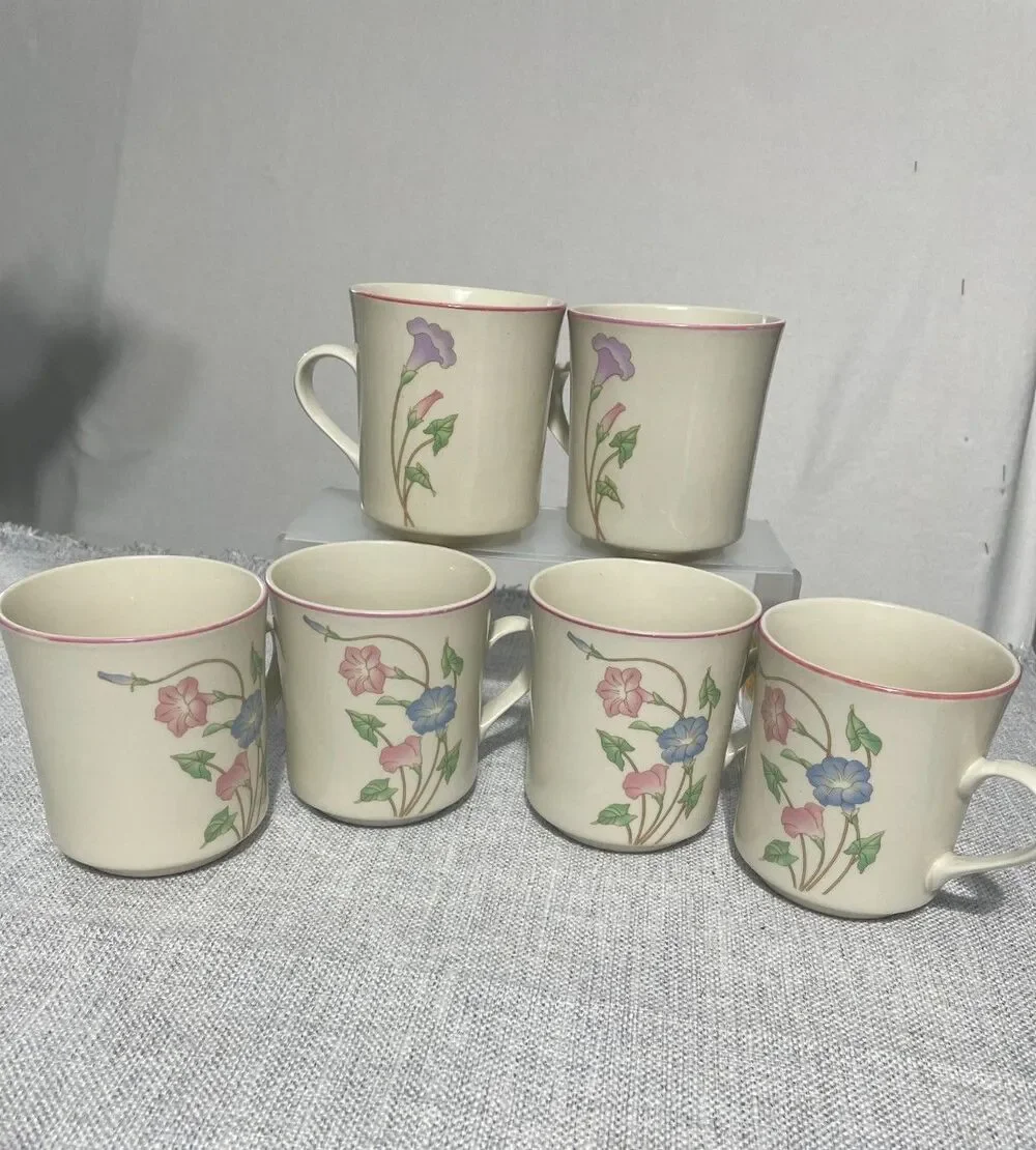 STONE WARE PRIMAVERA 8495 VINTAGE Pingk & Blue Floral‎ COFFEE MUGS SET/6 cups
